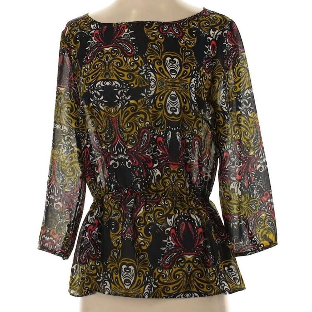 Banana Republic Multicolor on Black 3/4 Sheer Sleeve Peplum Blouse Size XL